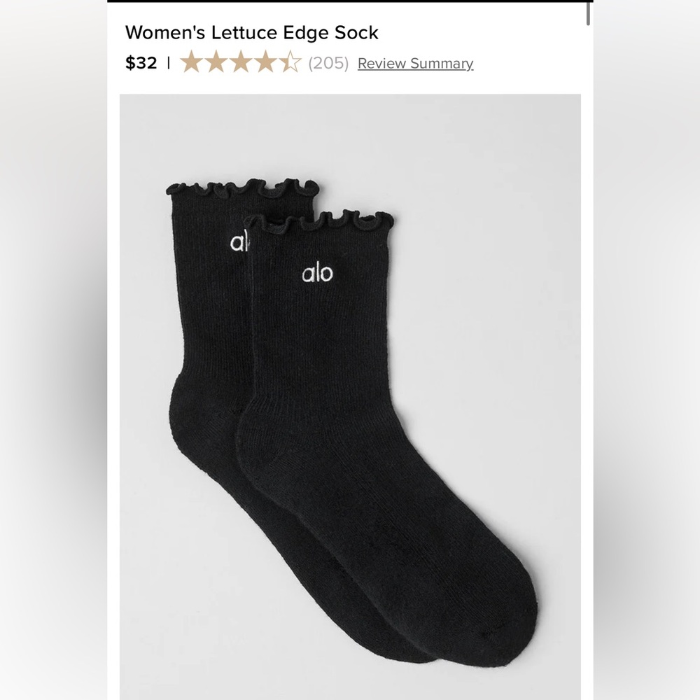 ALO Yoga Black Lettuce Edge Crew Socks with White Logo